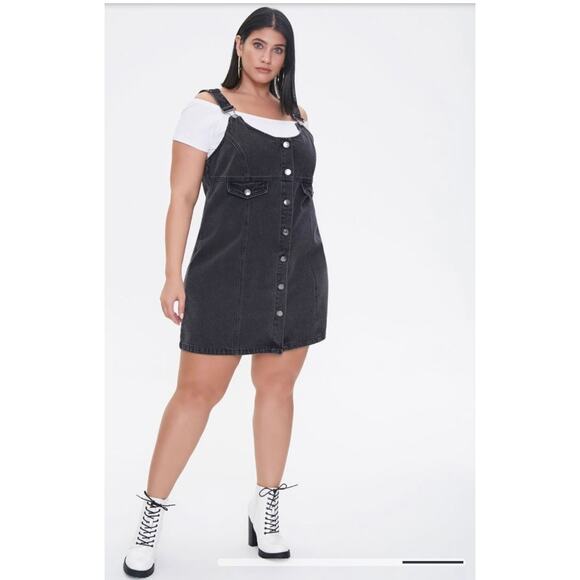 Forever 21 - Dark Wash Denim Overall Mini Dress - Size 0X/12 - Picture 1 of 10
